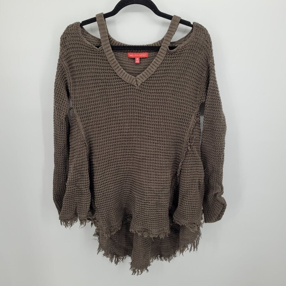 Saks fifth Ave womens Medium Brown cold shoulder knit v neck long sleeve sweater